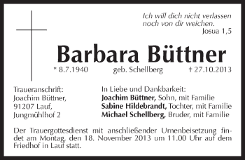 Traueranzeige von Barbara Büttner von Pegnitz-Zeitung